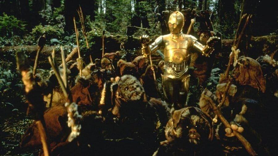 C-3PO is deemed a deity by the Ewoks in a scene from Return of the Jedi (1983)