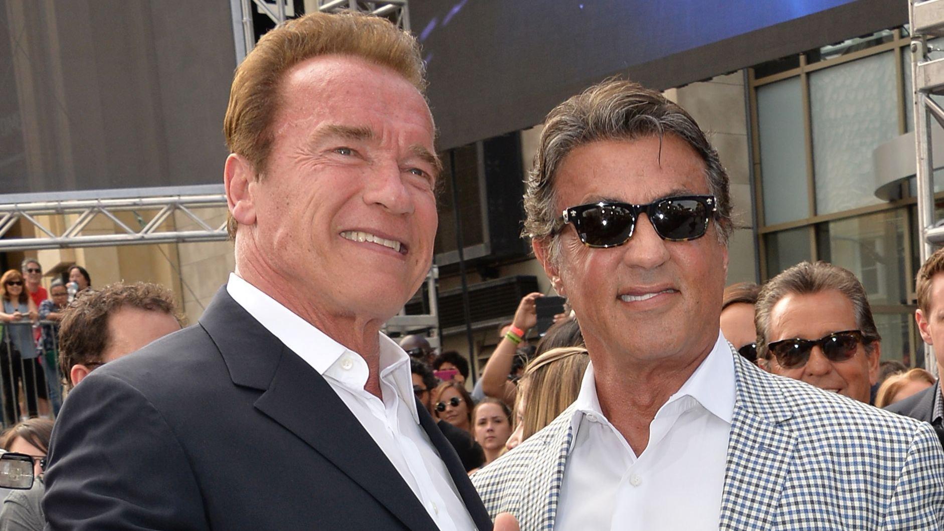 Close up of Arnold Schwarzenegger and Sylvester Stallone 