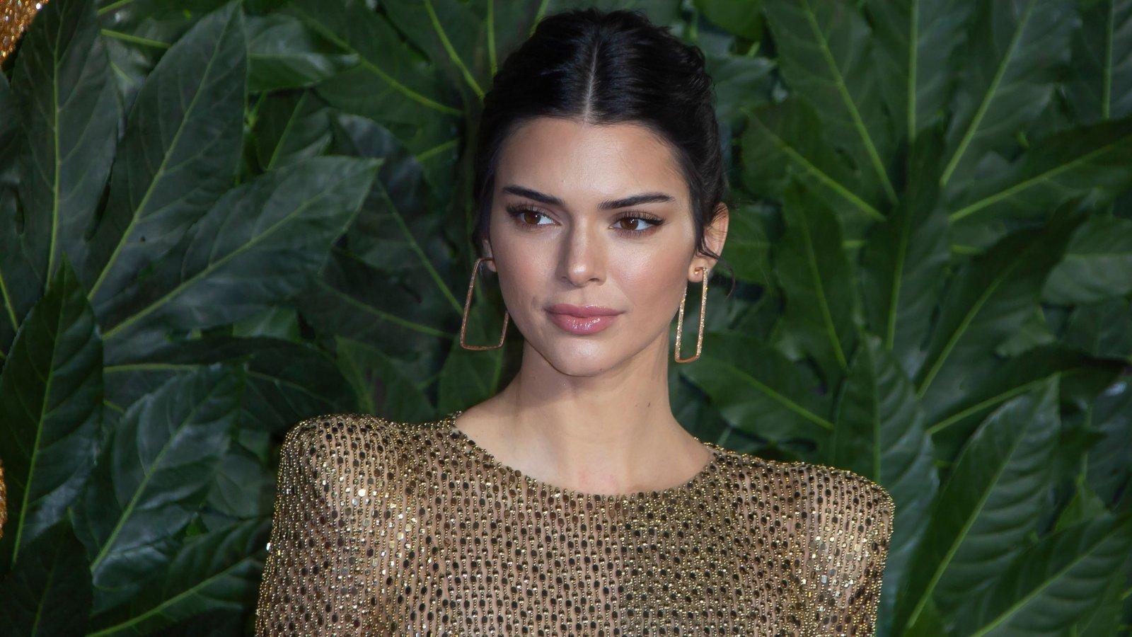 Close up of Kendall Jenner in a Nude bejeweled dress