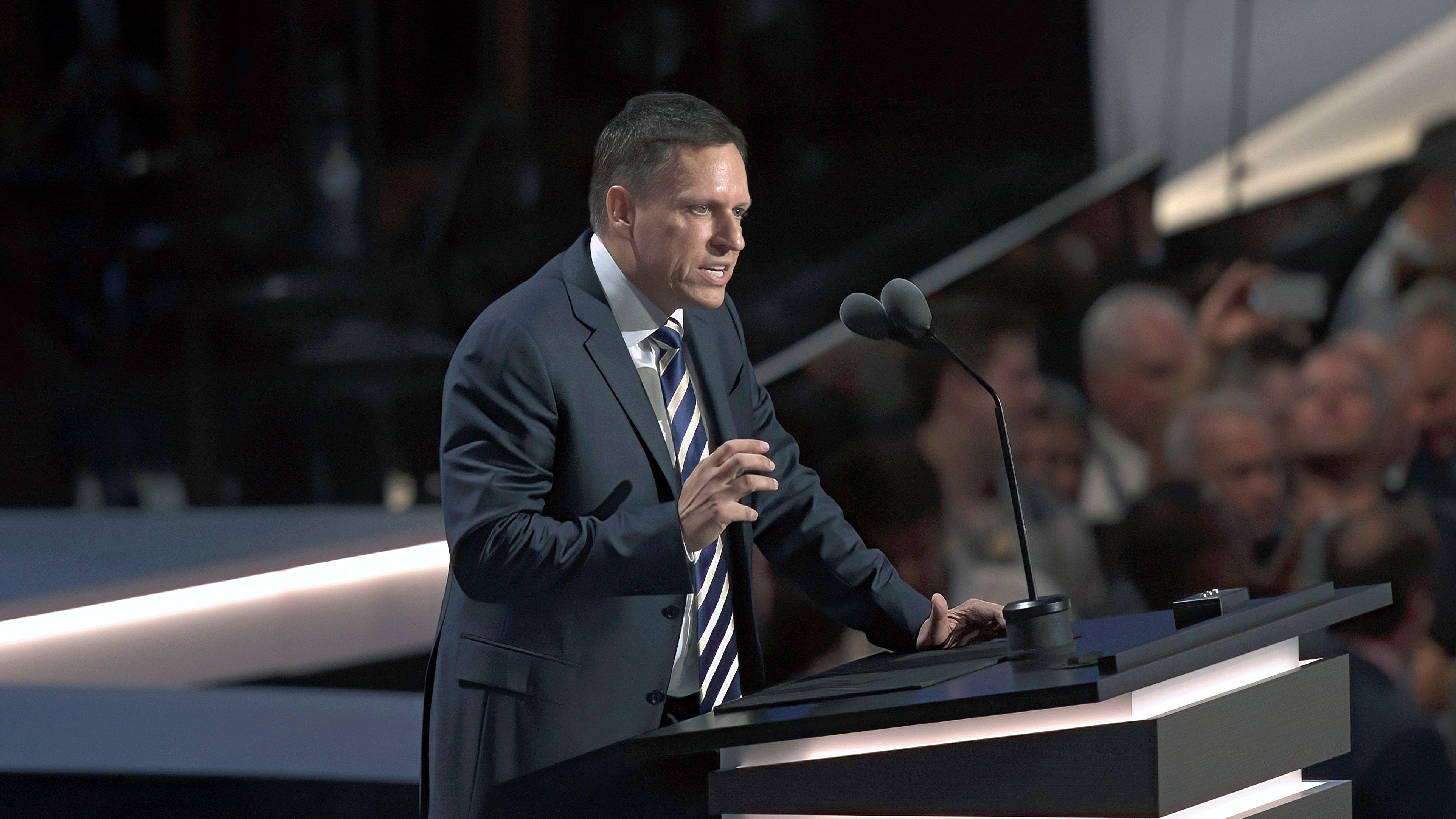 Billionaire Peter Thiel delivers a speech