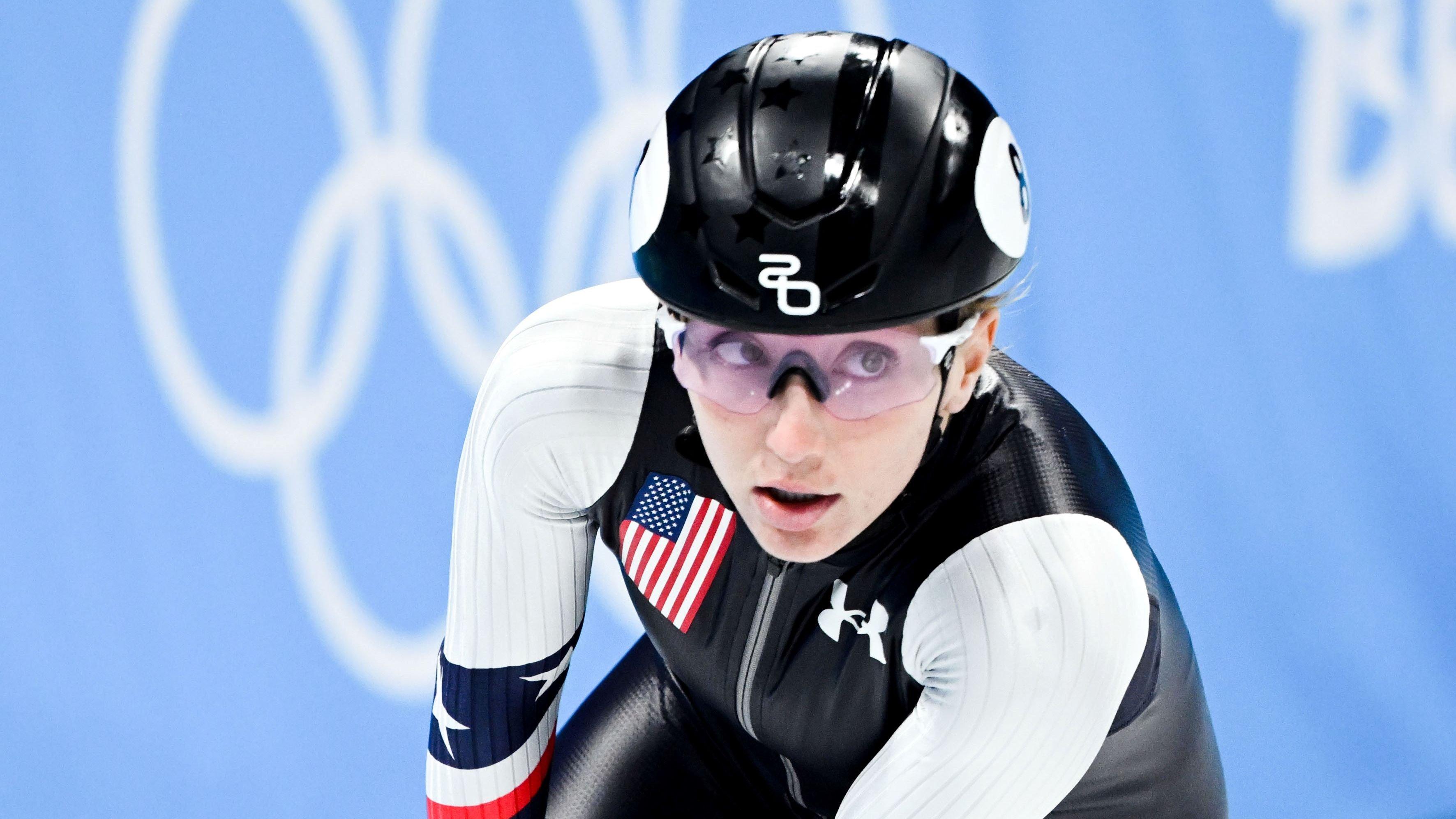 Close up of Kristen Santos during the Short-track speed skating at the Beijing Olympics